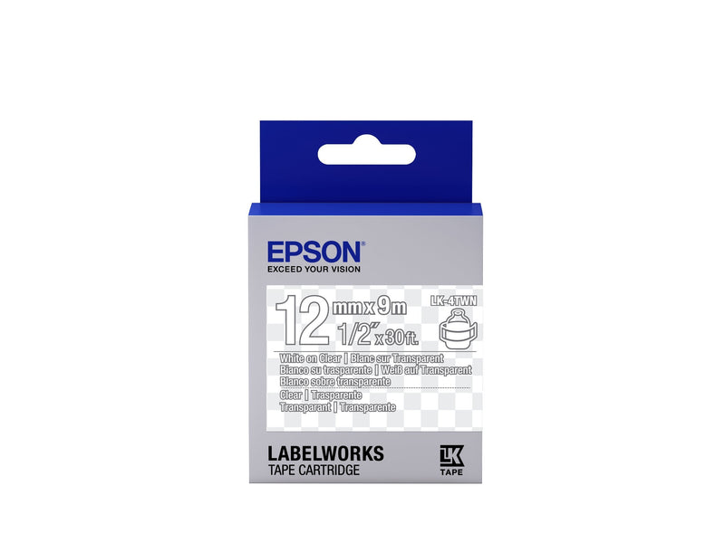 Epson LabelWorks Clear LK (Replaces LC) Tape Cartridge ~1/2" White on Clear (LK-4TWN) - for use with LabelWorks LW-300, LW-400, LW-600P and LW-700 Label Printers