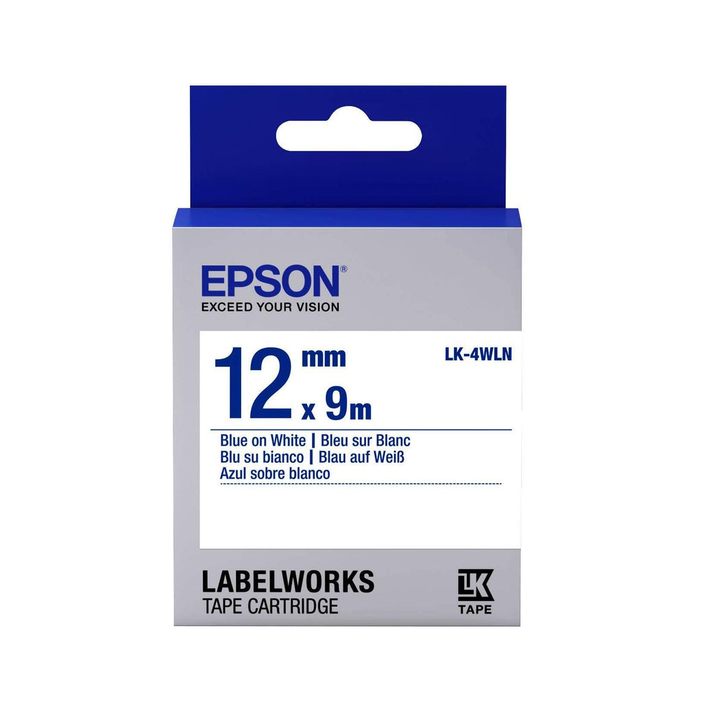 Epson LabelWorks Standard LK (Replaces LC) Tape Cartridge ~1/2" Blue on White (LK-4WLN) - for use with LabelWorks LW-300, LW-400, LW-600P and LW-700 Label Printers