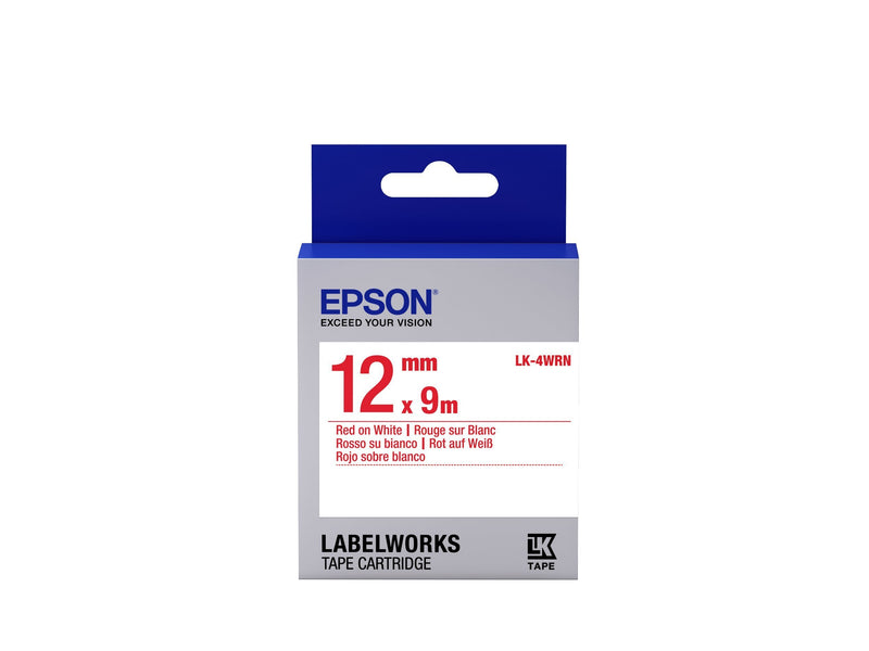 Epson LabelWorks Standard LK (Replaces LC) Tape Cartridge ~1/2" Red on White (LK-4WRN) - for use with LabelWorks LW-300, LW-400, LW-600P and LW-700 Label Printers
