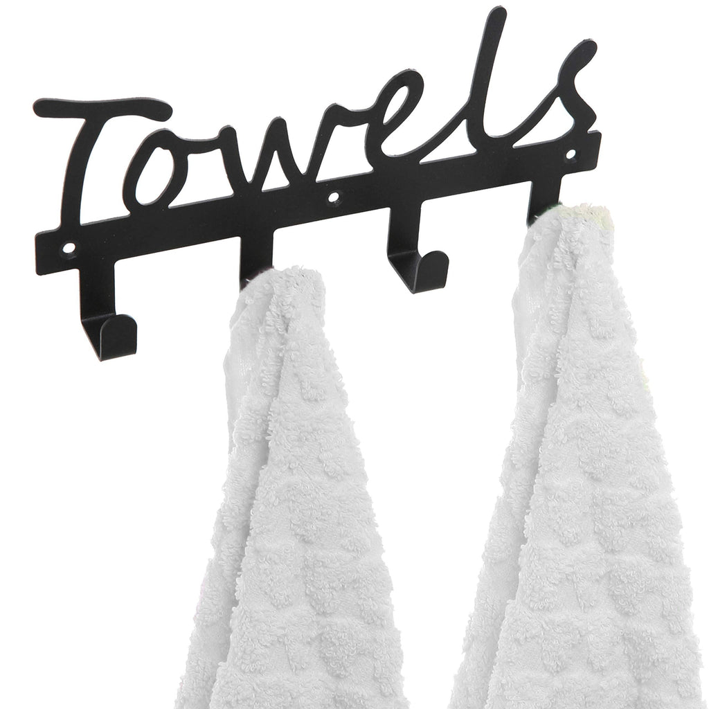 Black Metal Towels Design Wall Mounted Kitchen / Bathroom Storage Organizer Rack w/ 4 Hooks - MyGift