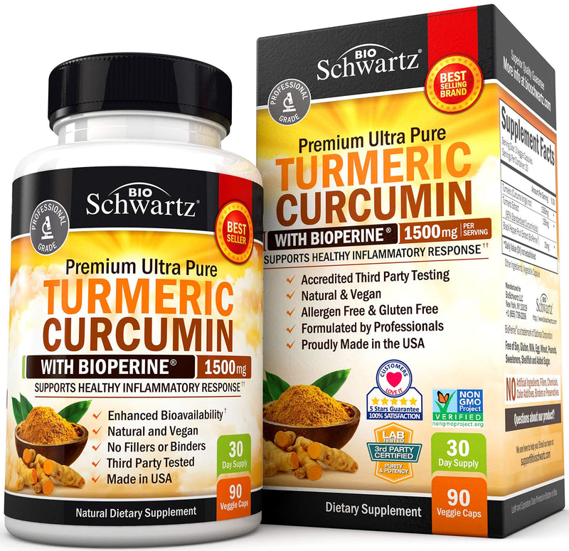 Turmeric Curcumin with BioPerine 1500mg - Natural Joint & Healthy Inflammatory Support with 95% Standardized Curcuminoids for Potency & Absorption - Non-GMO, Gluten Free Capsules with Black Pepper.