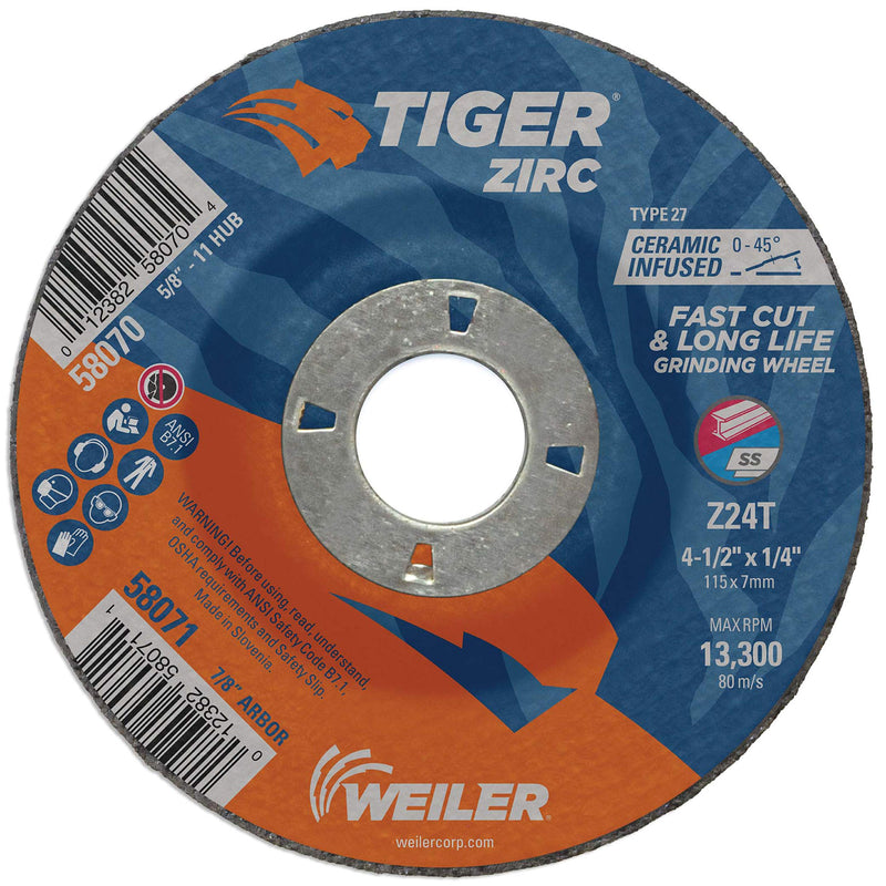 Weiler 58071 4-1/2" x 1/4" Tiger Zirc Type 27 Grinding Wheel, Z24T, 7/8" A.H. (Pack of 10) 4 1/2" Dia TYPE 27 7/8" Arbor