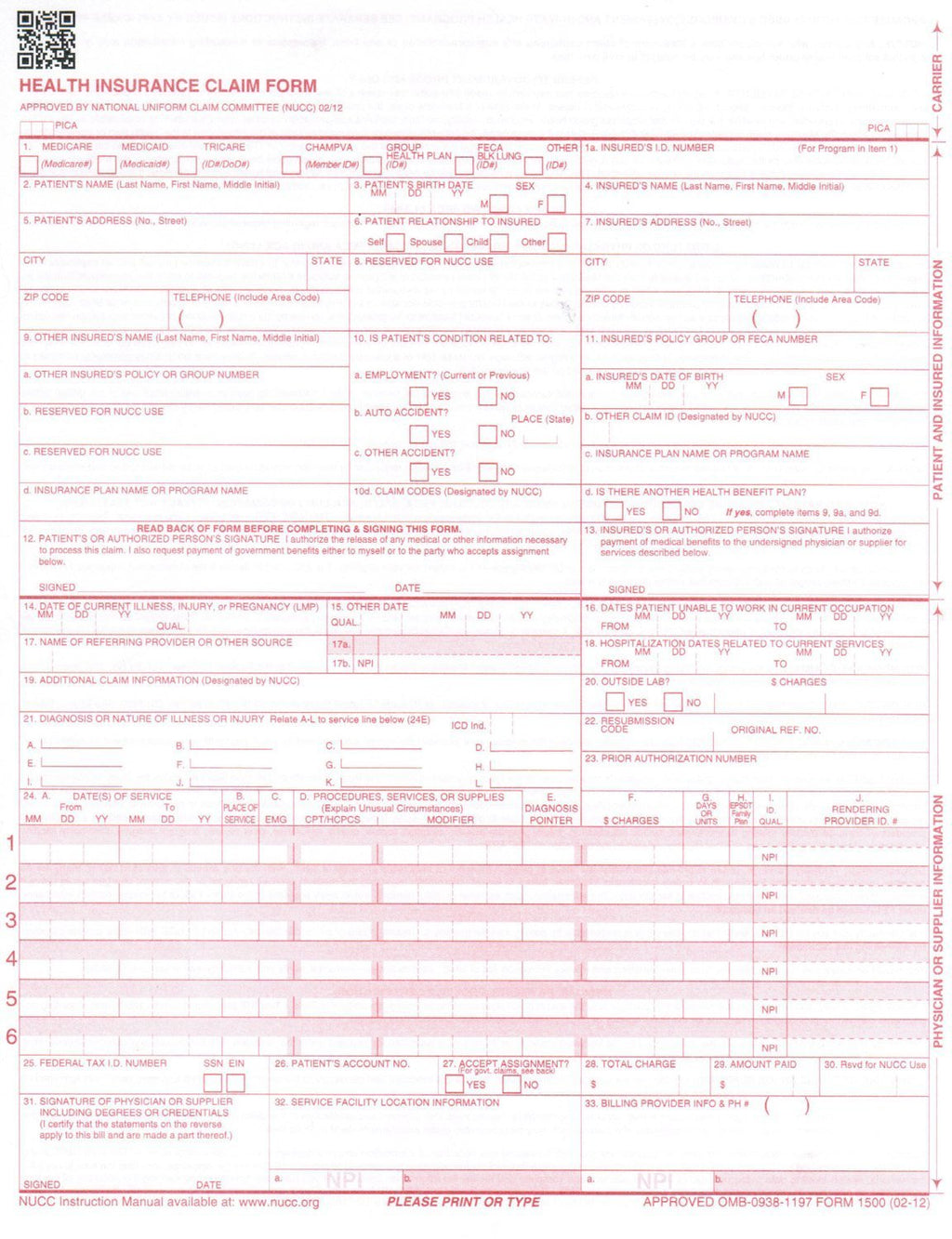 New CMS 1500 Health Insurance Claim Forms, HCFA Approved Version (02/12) - Ream of 100 Forms
