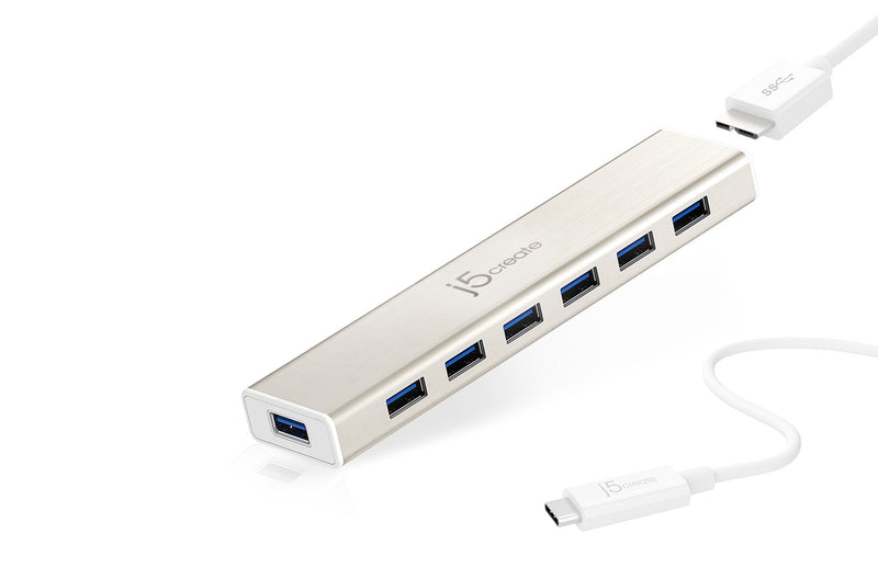 j5create USB Type-C to 7-Port USB 3.0 Data Hub with 3 ft Extended Cale [20W Power Adapter Included] for Mac, MacBook, Windows, Laptop, Surface, XPS, Chromebook, PC (JCH377)