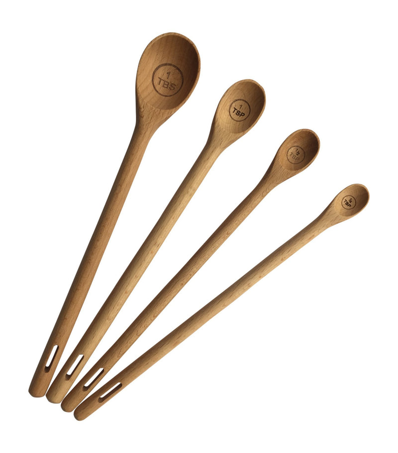 Long Handle Wooden Measuring Spoons by utensi, Set of 4 Engraved Accurate Spoons for Dry and Liquid Ingredients, Beech Wood Set (9-inch handles)