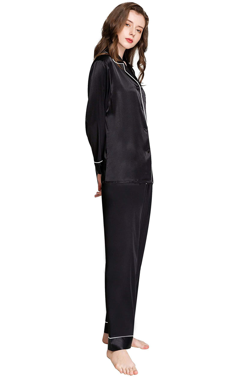 LONXU Womens Silk Satin Pajamas Set Button Down Sleepwear Loungewear XS~3XL Black X-Small