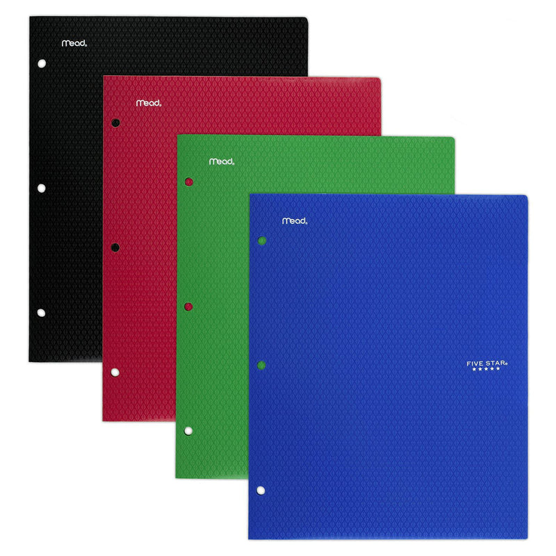 Five Star 2 Pocket Folders, Stay-Put Folders, Plastic Colored Folders with Pockets & Prong Fasteners for 3-Ring Binders, For Home School Supplies & Office, 11” x 8-1/2”, Assorted, 4 Pack (38049) Primary