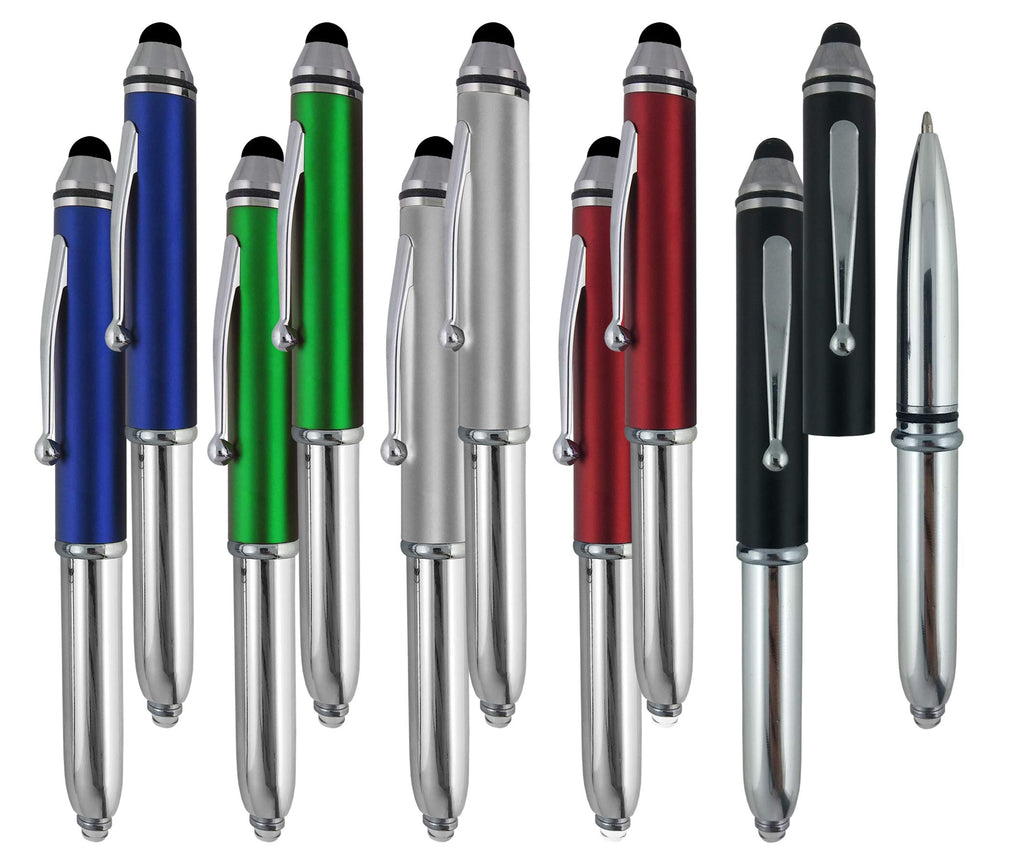 SyPen Stylus Pen for Touchscreen Devices, Tablets, iPads, iPhones, Multi-Function Capacitive Pen with LED Flashlight, Ballpoint Ink Pen, 3-in-1 Pen, Multi, 10PK Red+Silver+Black+Blue+Green