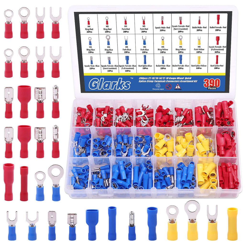 Glarks 355pcs 22-16/16-14/12-10 Gauge Mixed Quick Disconnect Electrical Insulated Butt Bullet Spade Fork Ring Solderless Crimp Terminals Connectors Assortment Kit