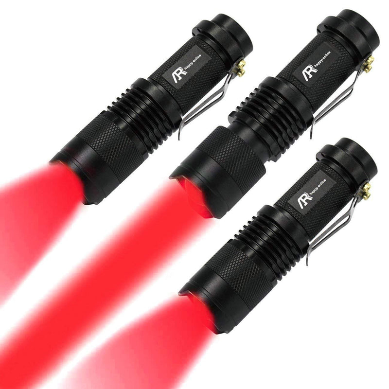 AR happy online 3 Pack AR-200 Zoomable 3 Modes Red Light LED Flashlight, Red Flashlight, Red Light Flashlight Torch with Clip, Red LED Flashlight for Hunting, Astronomy, Aviation, Night Observation Black Shell/Red Light