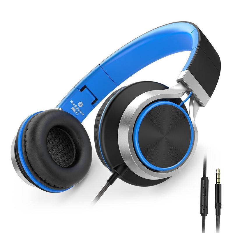 AILIHEN C8 Wired Headphones with Microphone and Volume Control Folding Lightweight Headset for Cellphones Tablets Chromebook Smartphones Laptop Computer PC Mp3/4 (Black/Blue) Black, Blue