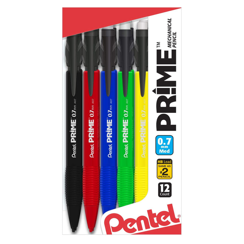 Pentel Prime Mechanical Pencil 0.7mm, Assorted Barrels Clear Box of 12 (AX7PC12M)