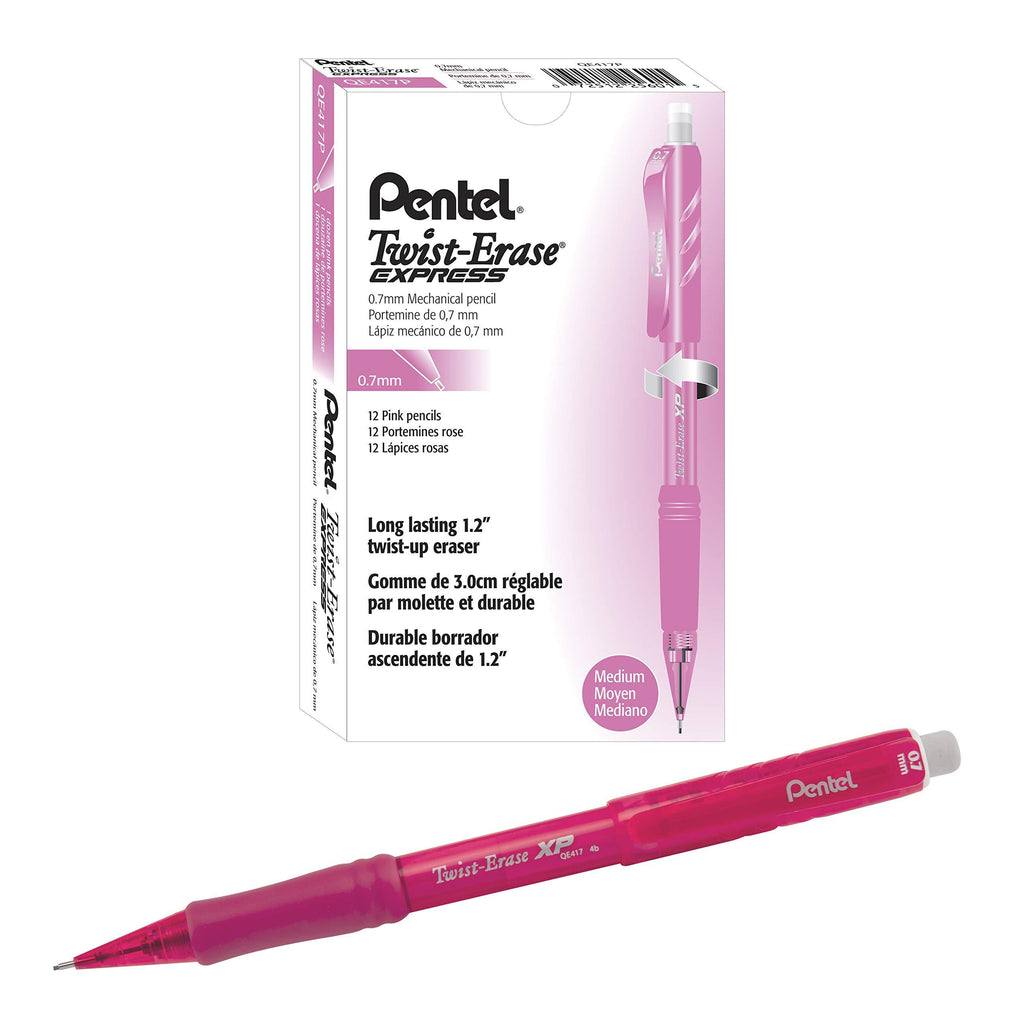 Pentel Twist-Erase EXPRESS Mechanical Pencil 0.7mm, Pink Barrel, Box of 12 (QE417P)