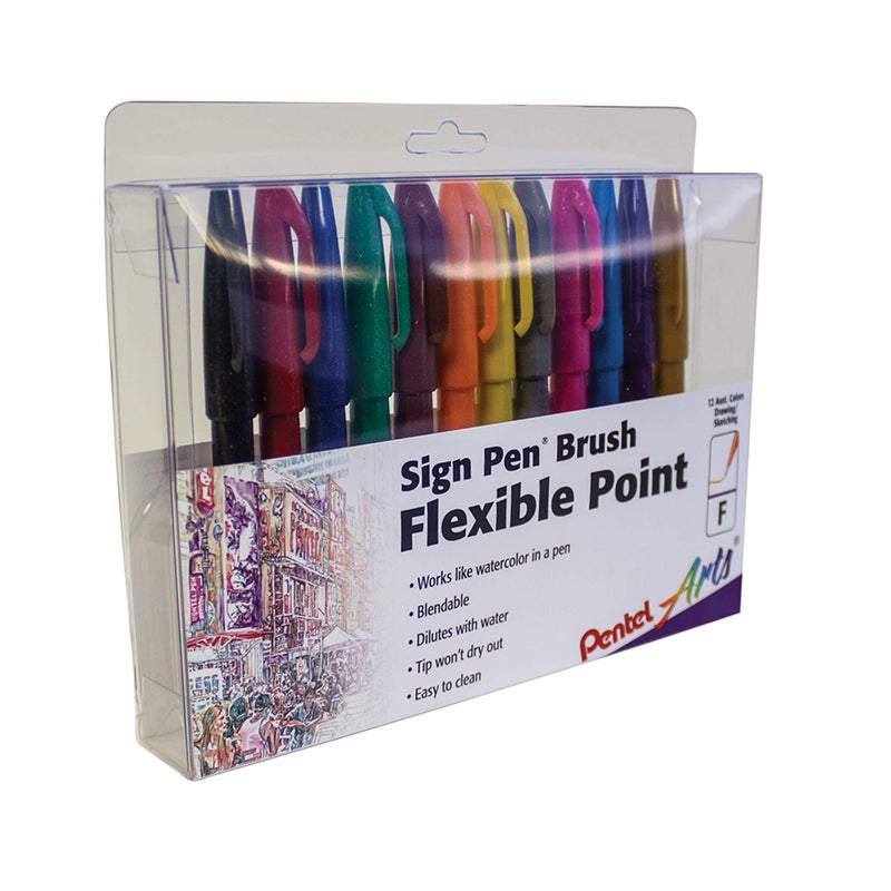 Pentel Arts Sign Pen Touch, Fude Brush Tip, 12 Assorted Colors in Marker Stand (SES15CPC12) 12 Pack Assorted 1