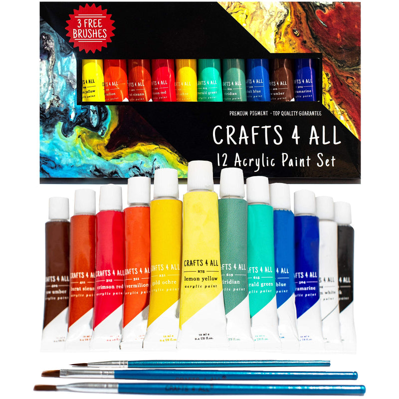 Crafts 4 All Acrylic Paint Set - 12 -Pack Painting Supplies for Canvas, Wood, Ceramic, Fabric - Non-Toxic, Acrylic Paints for Beginners and Professional Artists - Art Supplies 12 Pack