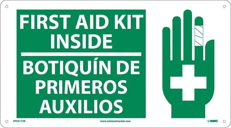 National Marker SPSA172R First Aid Kit Inside(Bilingual W/Graphic), 10" x 18", Rigid Plastic, AID Kit