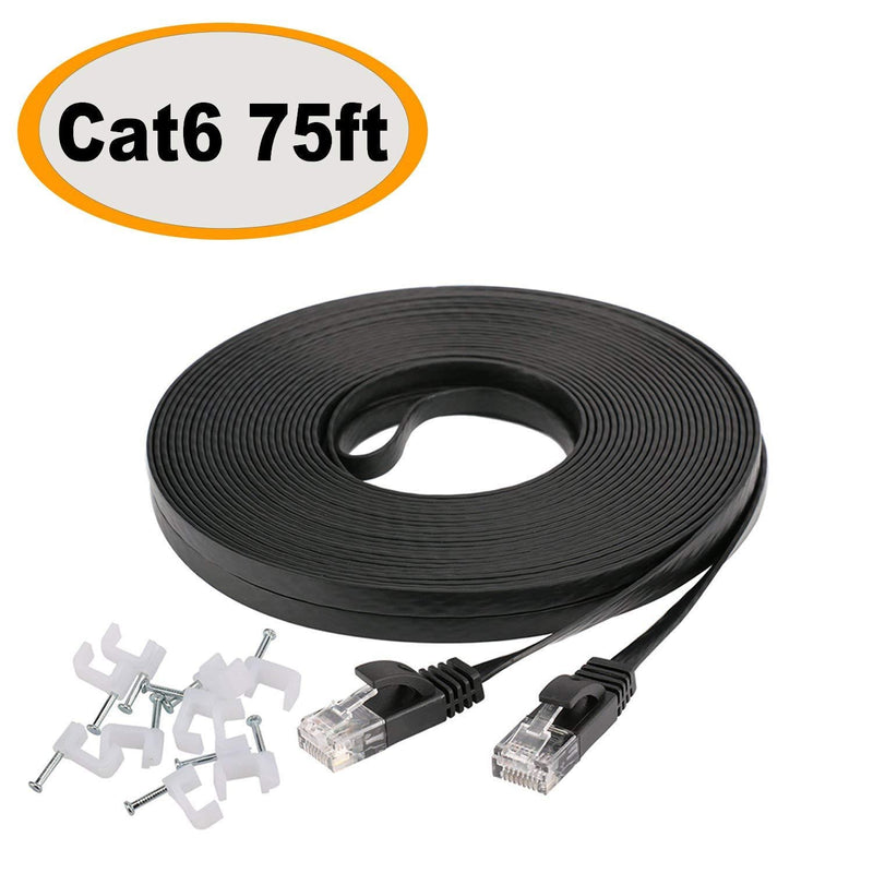 Cat 6 Ethernet Cable 75 ft, Long Flat Internet Network LAN Patch Cord, Faster Than Cat5e/Cat5, Solid Cat6 High Speed Computer RJ45 Wire for Modem, Router, PS4, Xbox, Switch, Camera, TV Box, Hub,Black 75ft-Black