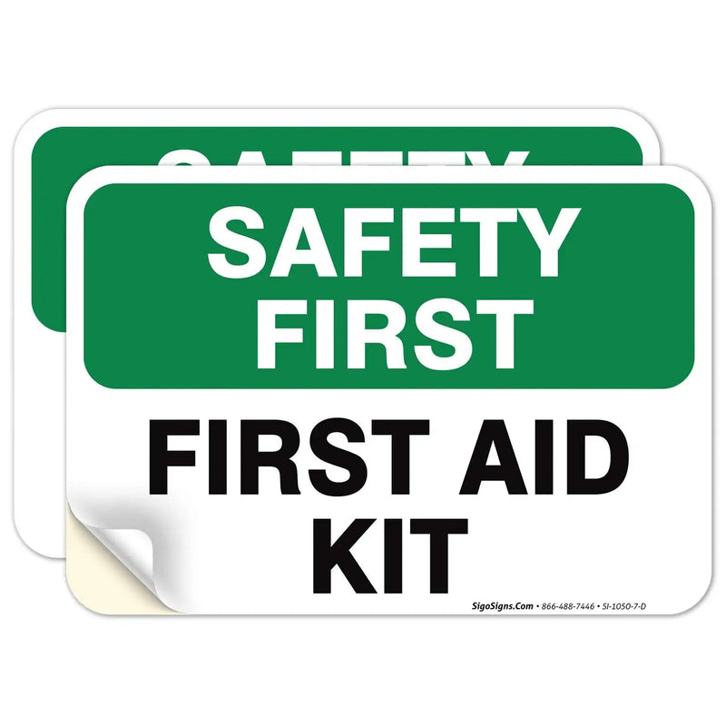 (2 Pack) First Aid Kit Sign, Safety First, 10x7 4 Mil Vinyl Self Adhesive Decal Stickers, Long Lasting, Weatherproof and UV Protected, Made in USA by Sigo Signs Vinyl Sticker