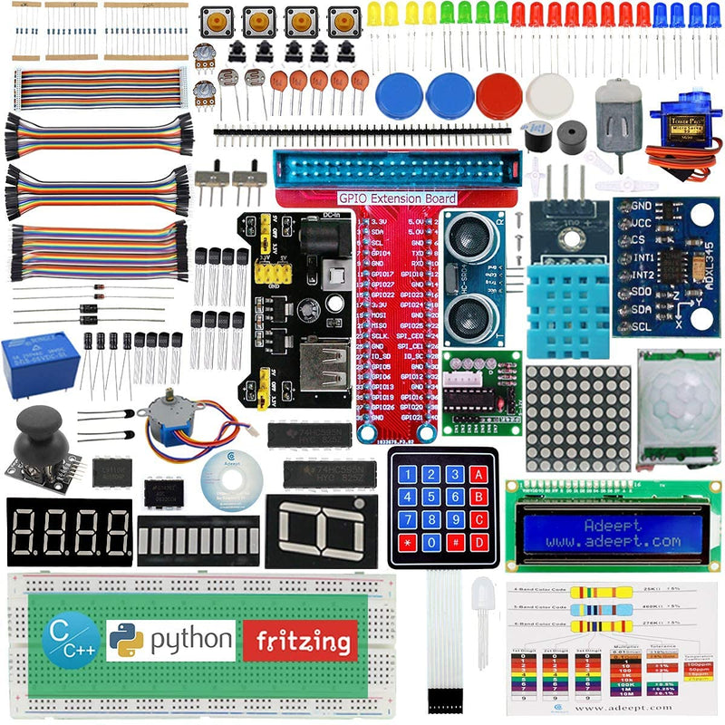 Adeept Ultimate Starter Kit for Raspberry Pi 4 3 2 Model B B+ Python C Code, LEDs, Sensors, ADXL345 GPIO Cable DC Motor Learn Electronics and Programming for Beginners Ultimate Starter Kit for RPi