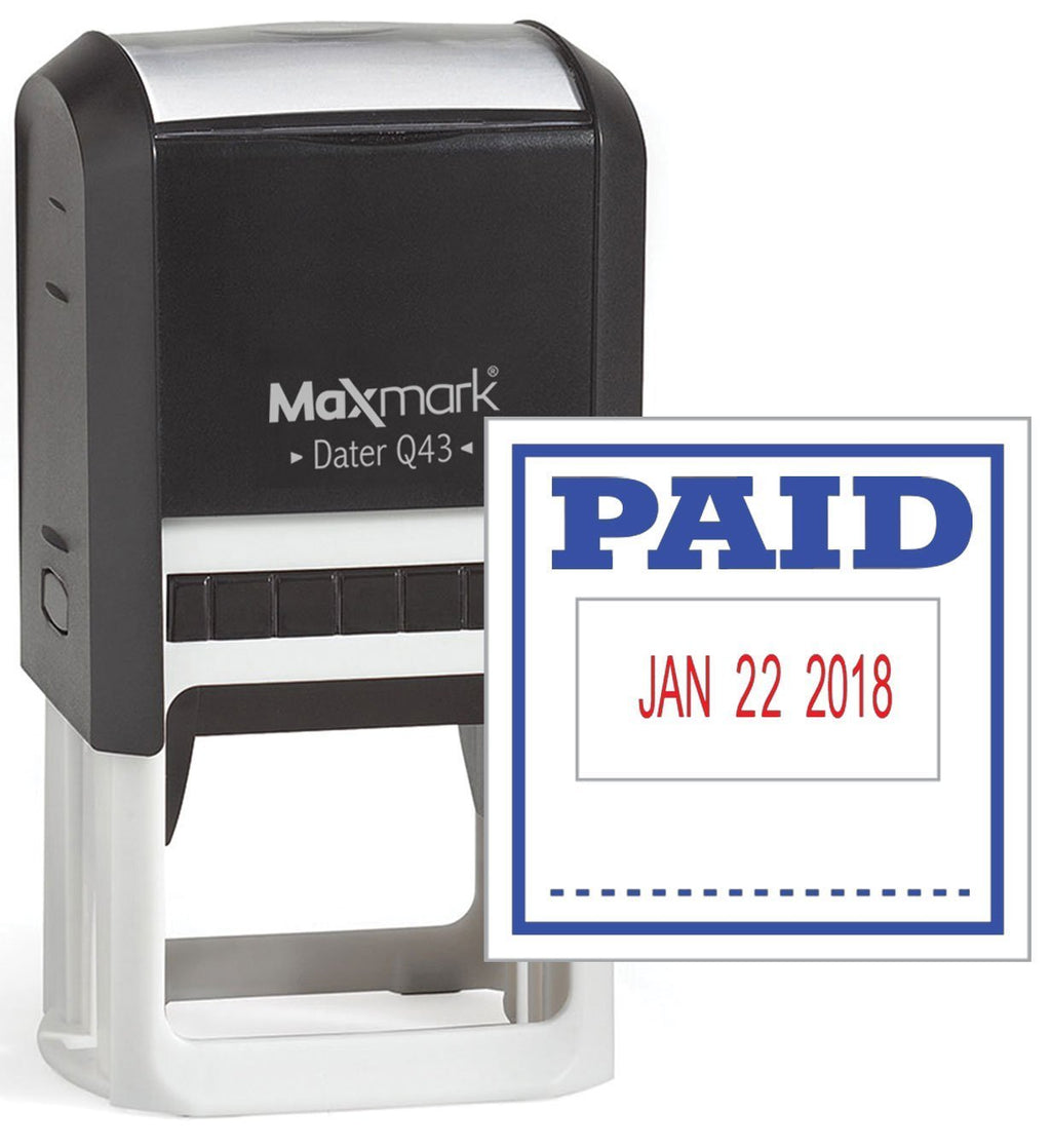 MaxMark Q43 (Large Size) Date Stamp with"Paid" Self Inking Stamp - 2 Color Blue/Red Ink Paid