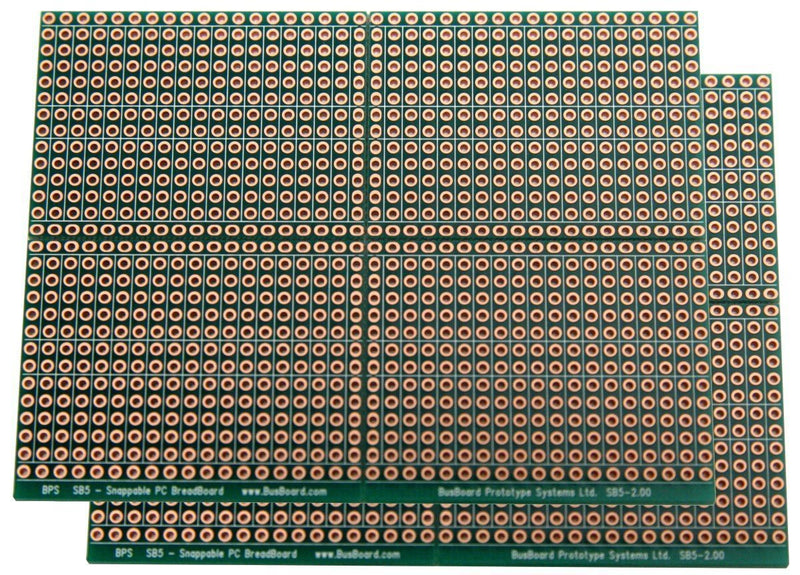 SB5x2 Snappable PCB BreadBoard with 5-Hole Strips 2-Pack, Scored PCB, Snaps Into 4 Small Boards, 2-Layer, Plated Holes, Power Rails, 2.8 x 3.8in (73.7 x 96.5mm)