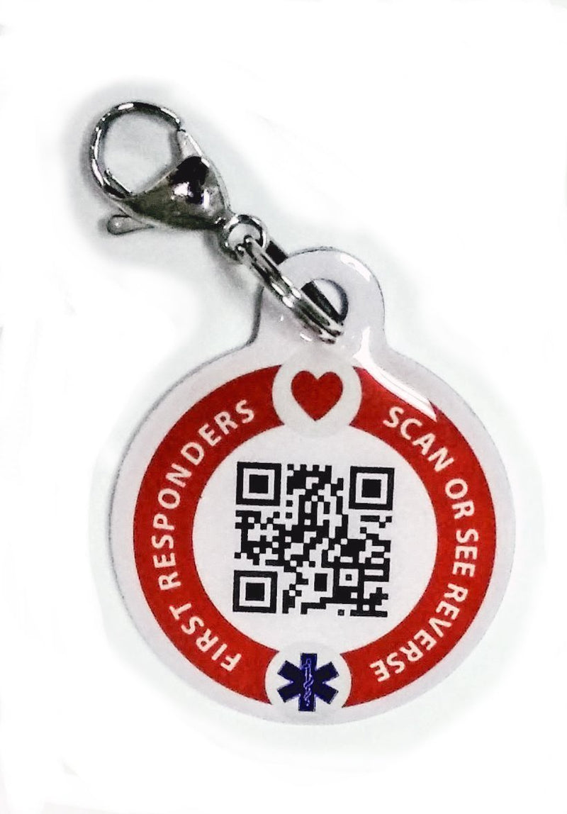 Dynotag Web Enabled Smart Medical ID / Emergency Information Round Steel Tag - 30 mm. Includes Lobster Clasp, with DynoIQ & Lifetime Service.