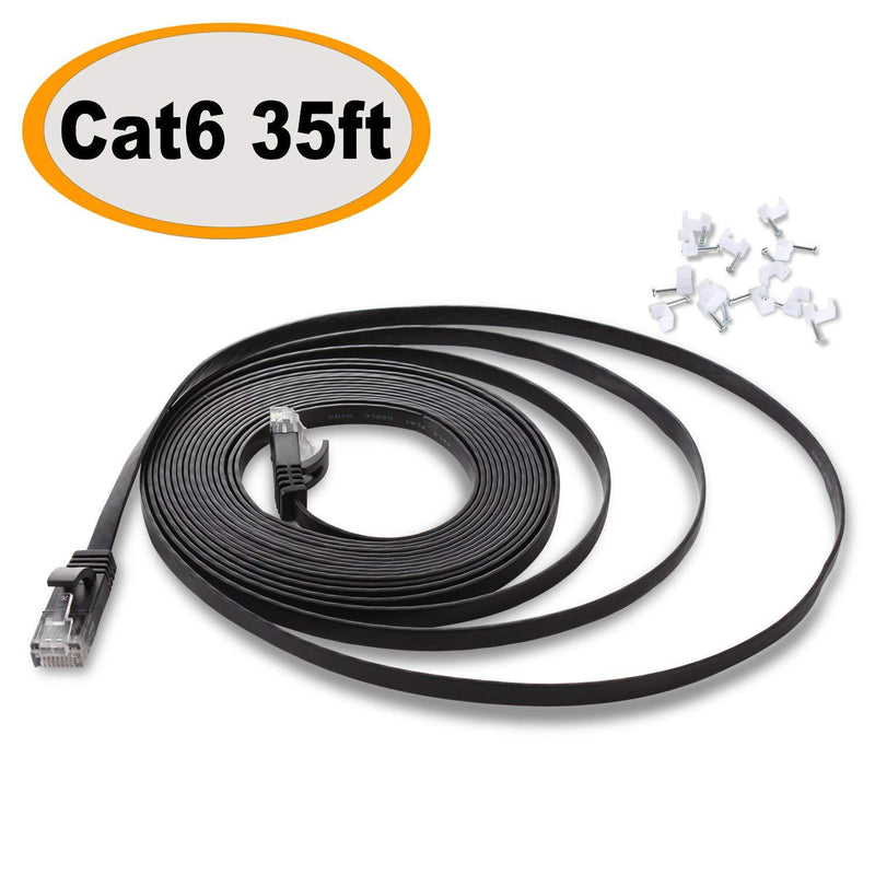 Cat 6 Ethernet Cable 35 ft Black with Cable Clips – Flat Internet Network Cable – Cat 6 Computer LAN Cable - Cat6 Ethernet Patch Cable with Snagless Rj45 Connectors – 35 feet Black 35ft-Black