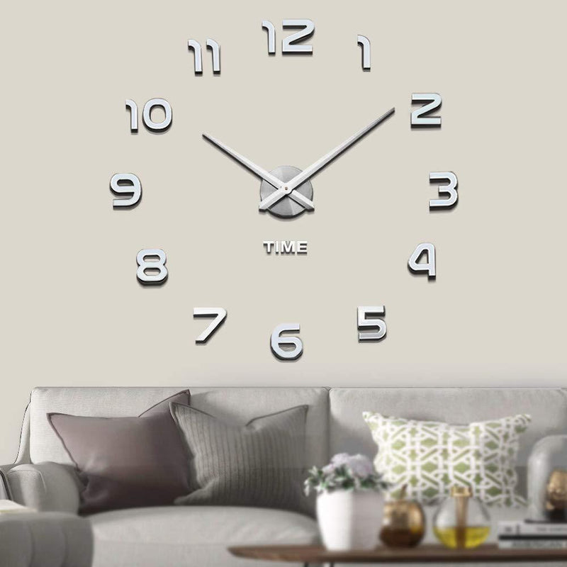 Vangold Frameless DIY Wall Clock 3D Mirror Wall Clock Large Mute Wall Stickers for Living Room Bedroom Home Decorations Silver