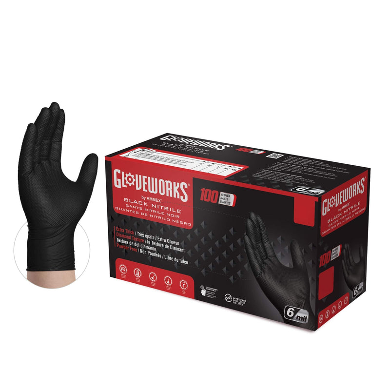 GLOVEWORKS HD Black Nitrile Industrial Gloves, 6 Mil, Raised Diamond Texture Medium Box of 100