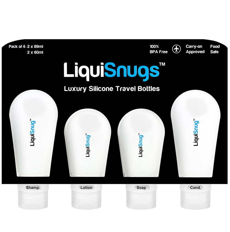 LiquiSnugs Premium - 100% Guaranteed Leak Proof - Silicone Travel Bottles (4 PACK) TSA Approved. Premium Range with Suction Cups and Adjustable Labels - by TravelSnugs