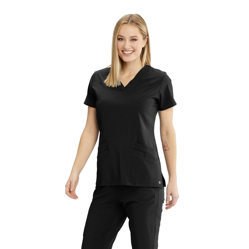 BARCO ONE Women’s Pulse Scrub Top, Sporty V-Neck Medical Top w/ 4-Way Stretch & 5 Pockets Small Black