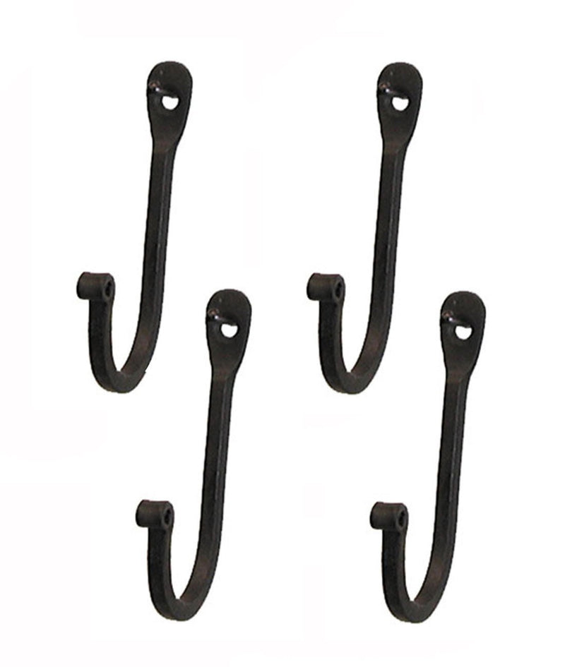 Early American Single Prong Wrought Iron Hooks, Set of 4 - Rustic Curved Metal Fasteners - Decorative Colonial Wall Décor