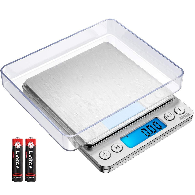 (Upgraded) AMIR Digital Kitchen Scale, 500g Mini Pocket Jewelry Scale, Cooking Food Scale, Back-Lit LCD Display, 2 Trays, 6 Units, Auto Off, Tare, PCS, Stainless Steel, Batteries Included sliver