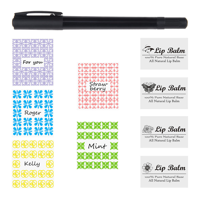 Labels for Lip Balm Tubes/Value Pack of 400 Stickers (or Other Purposes) - 200 Writable Stickers and 200 Printed Stickers - Self Adhesive Easy Peel - Fineliner Pen Included for Label Writing 400 pieces B Multicolor