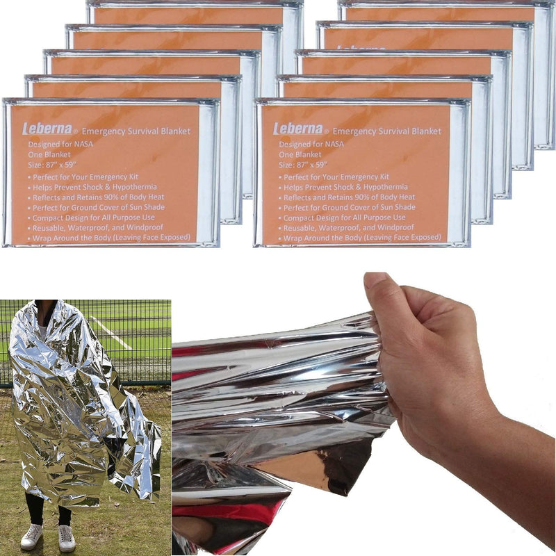 Leberna Emergency Blanket Survival Gear | Foil Mylar Thermal Blankets 59" x 87" inches (Pack of 10) | Big Double Sided Escape Tact Bivvy, | for NASA, Outdoors, Hiking, Space, Marathons First Aid Kit