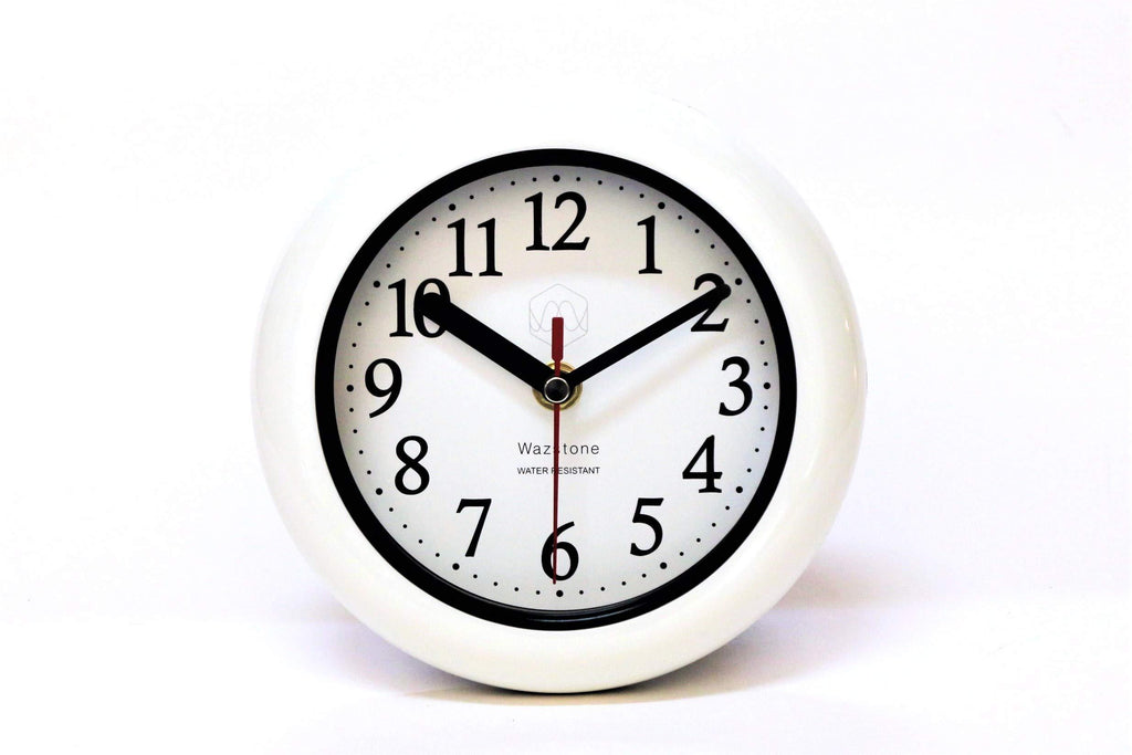 Perfect White Shell Water Resistant Clock, Quartz Movement, Simple Design, 6.5" in Diameter, ABS Glass Front, Flexible Options to Hang or to Stand. Withstand Water Vapor and Moisture.