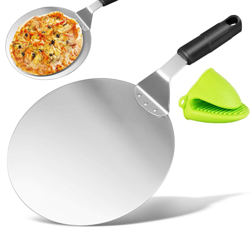 Pizza Lifter, KSENDALO 10" Pizza Peel, Stainless Pizza Spatula, Pizza Pie Cake Server Tray for Baking Homemade Pizza, With ONE FREE Silicone Mini Mitt Stainless+Plastic
