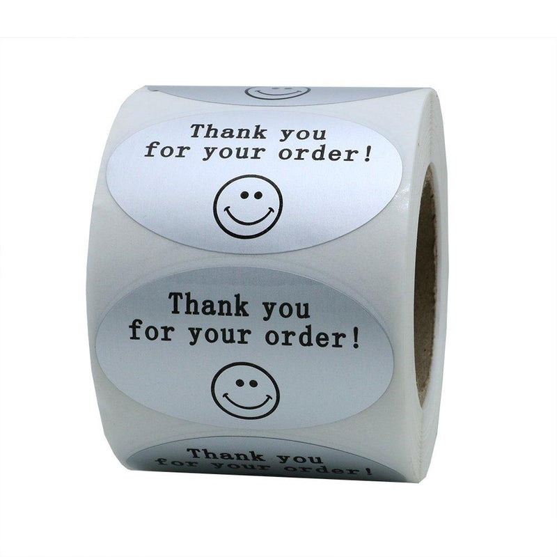 Hybsk 50mmx30mm Oval Silver Metallic Foil Thank You for Your Order Retail Mailing Stickers 500 Labels Per Roll (Silver)
