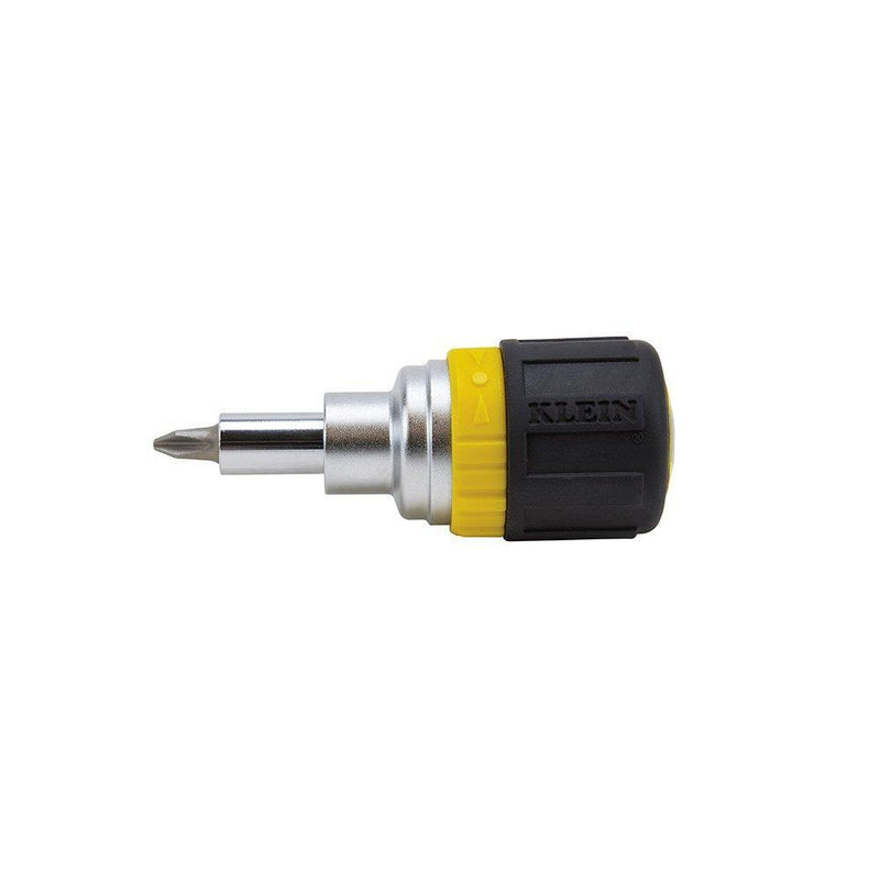 Klein Tools 32593 6-In-1 Stubby Ratcheting Screwdriver with 4 Screwdriver bits, 2 Nut Driver Bits, and a Cushioned Grip