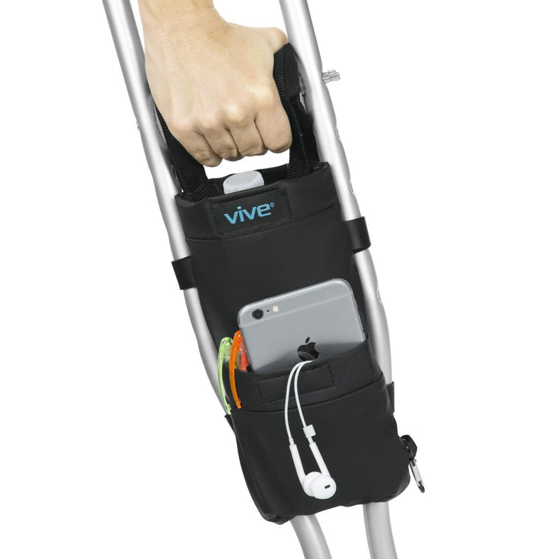 Vive Crutch Pouch - Bag with Foam Hand Grip Pads - Tote for Broken Leg Crutches with Storage Pockets - Ergonomic, Orthopedic, Lightweight Carry On - Medical Forearm Crutch Accessories (Black) Black