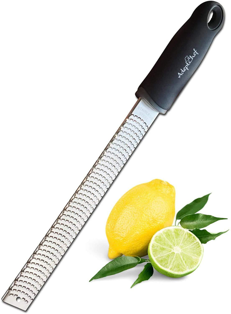 Citrus Lemon Zester & Cheese Grater by AdeptChef - Parmesan Cheese, Lemon, Ginger, Garlic, Nutmeg, Vegetables, Fruits - Razor-sharp Stainless Steel Blade Protective Cover, Dishwasher Safe without Finger Cots Black
