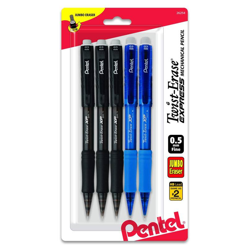 Pentel Twist-Erase EXPRESS Mechanical Pencil, 0.5mm, 5 Pack, Assorted Barrel Colors (QE415BP5M1)