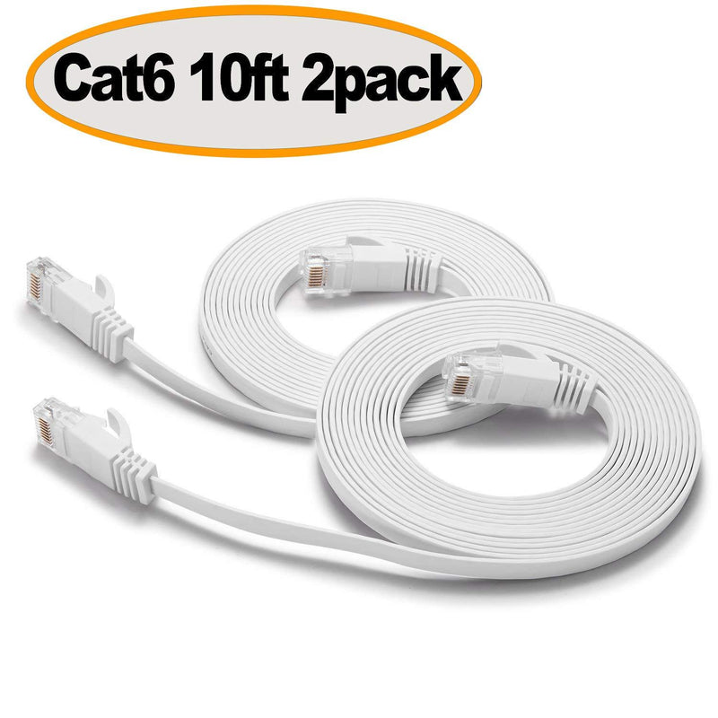 Cat 6 Ethernet Cable 10 ft - Flat Internet Network LAN Patch Cord Short – Faster Than CAT5E/Cat5, Slim Cat6 High Speed Computer wire with Snagless RJ45 Connectors for Router, PS4, Xobx- White (2 Pack)