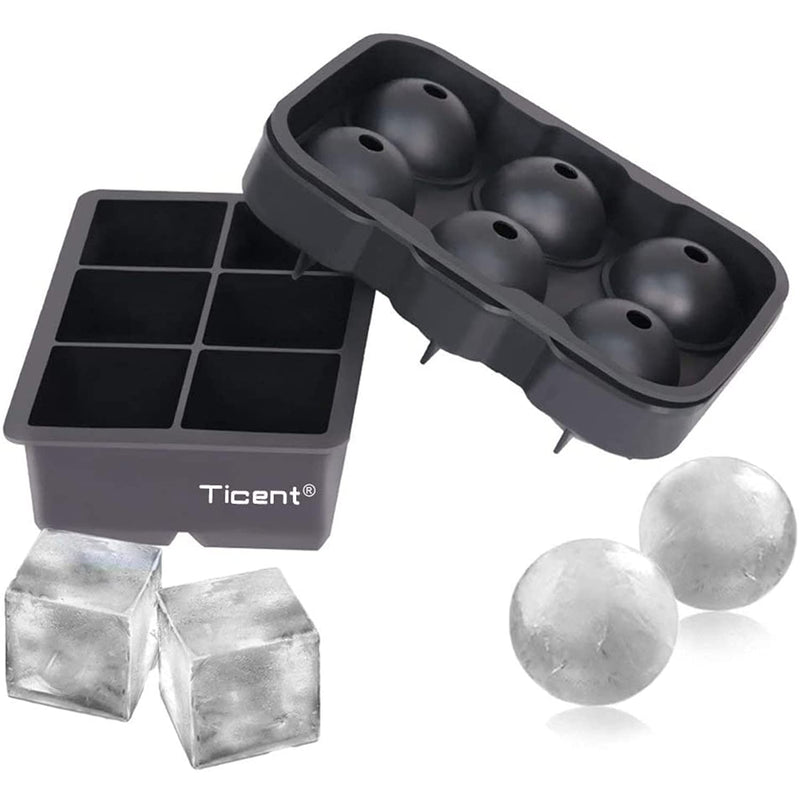 Ticent Ice Cube Trays (Set of 2), Silicone Sphere Whiskey Ice Ball Maker with Lids & Large Square Ice Cube Molds for Cocktails & Bourbon - Reusable & BPA Free Black
