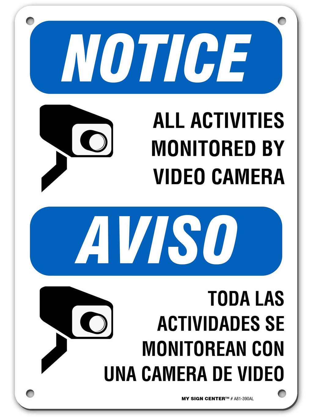 Warning Camera in Use Video Surveillance Sign, Bilingual English/Spanish, 7” x 10” Industrial Grade Aluminum, Easy Mounting, Rust-Free/Fade Resistance, Indoor/Outdoor, USA Made by MY SIGN CENTER