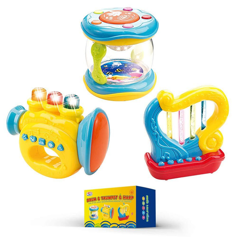 WEofferwhatYOUwant Set of 3 Trumpet, Drum and Harp Music Toys with Batteries | Musical Instruments for Baby Learning and Entertainments Set 3 Music Instruments