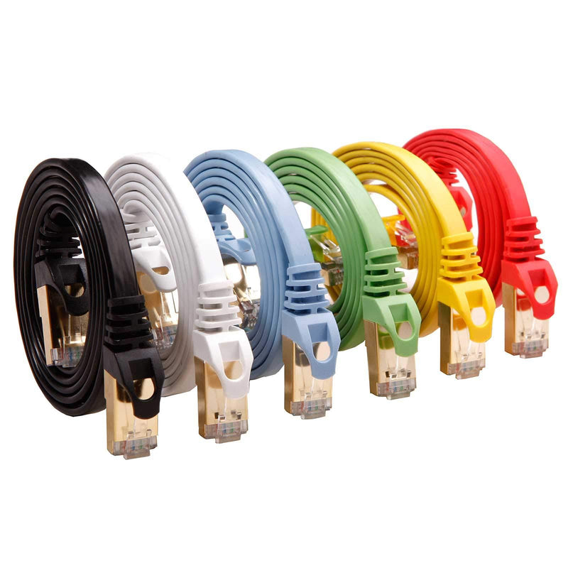 Cat 7 Shielded Ethernet Cable 5 ft 6 Pack (Highest Speed Cable) Cat7 Flat Ethernet Patch Cables - Internet Cable for Modem, Router, LAN, Computer - Compatible with Cat 5e，Cat 6 Network Color 5ft 6Pack