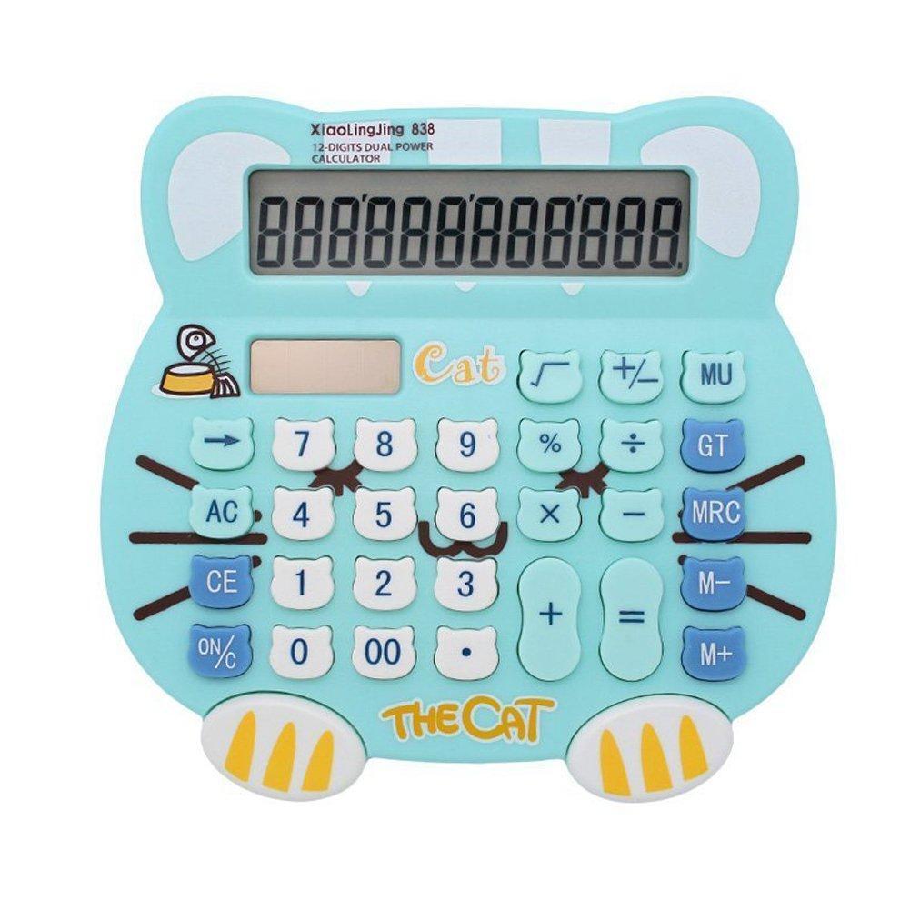 Loghot Adorable Creative 12 Digits Solar Dual Power Cartoon Cat Shape LCD Display Desktop Calculator with Big Screen White (Water Blue) Water Blue