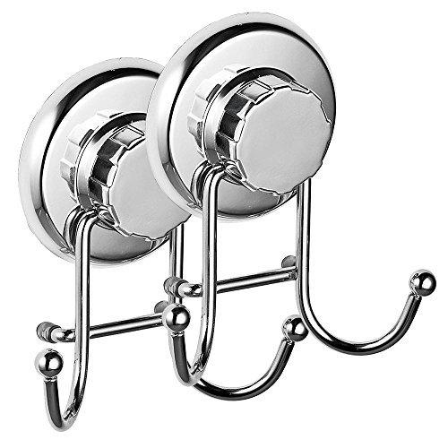 HASKO accessories - Powerful Vacuum Suction Cup Hook Holder - Organizer for Towel, Bathrobe and Loofah - Strong Stainless Steel Hooks for Bathroom & Kitchen, Towel Hanger Storage, Chrome (2 Pack) 2 Pack