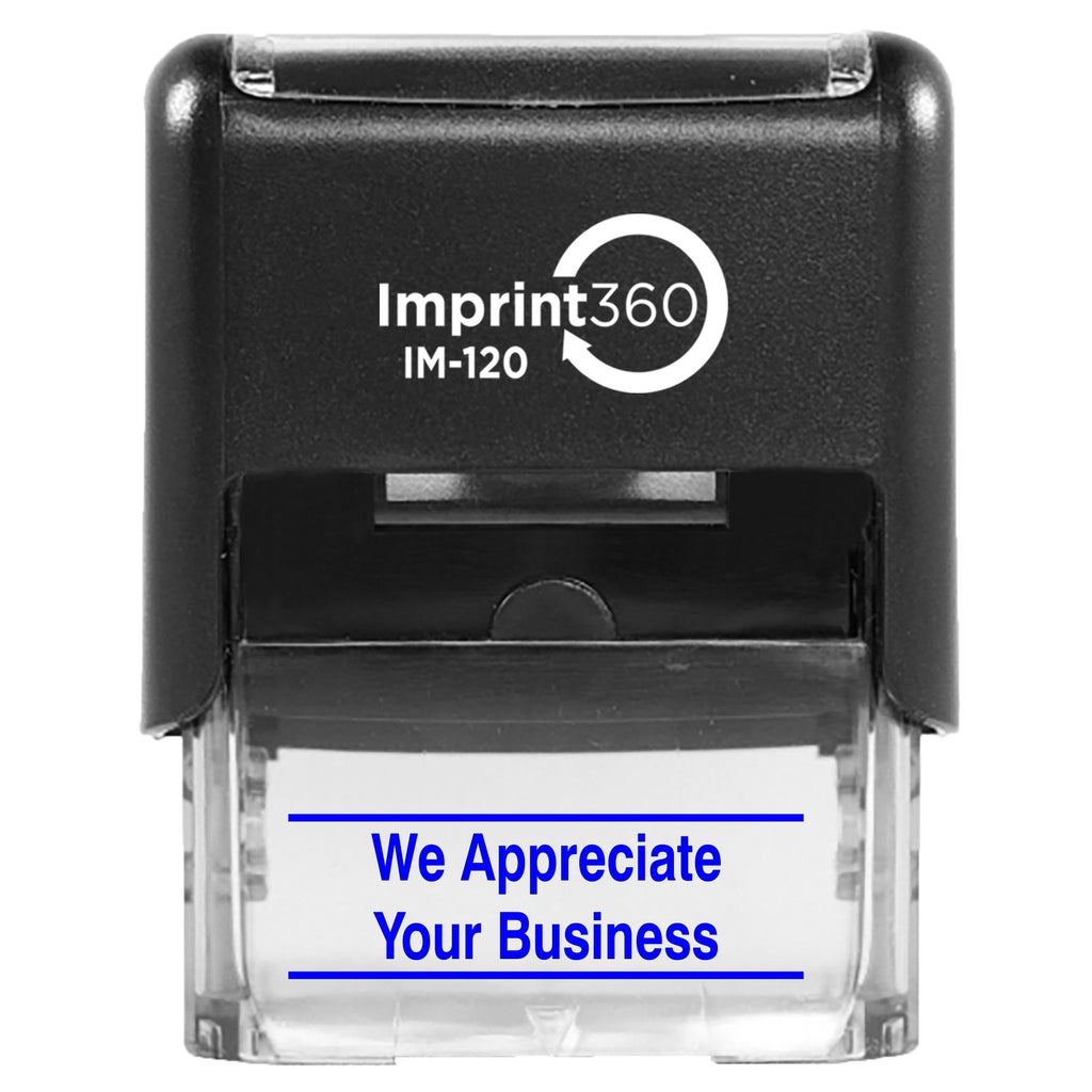 Supply360 AS-IMP1137B - WE Appreciate Your Business w/Upper & Lower Bars, Blue Ink, Heavy Duty Commerical Self-Inking Rubber Stamp, 9/16" x 1-1/2"